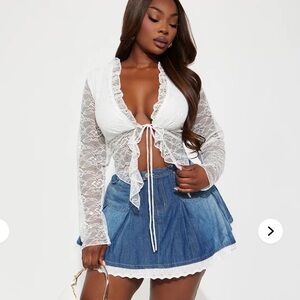 Fashion Nova Blue Denim Mini Skirt with White Lace